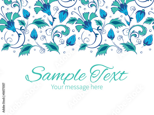 Vector blue green swirly flowers horizontal border greeting card