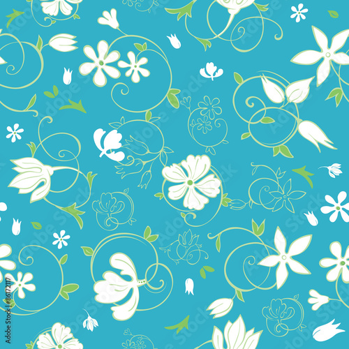 Vector Blue Green White Spring Florals Seamless Pattern