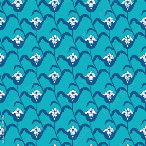Vector Blue White Stylized Flowers Geometric Seamless Pattern