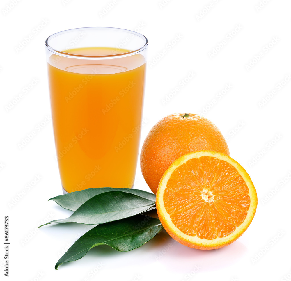Orange juice and slices of orange isolated on white Orange juice and slices of orange isolated on white