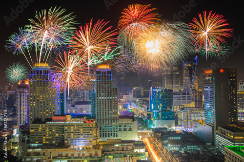 Fireworks celebration In the business district of Bangkok nightlife.