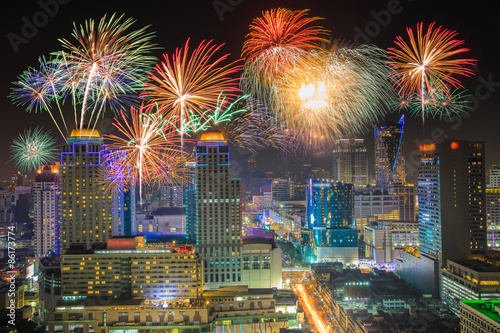 Photography Fireworks celebration In the business district of Bangkok nightlife