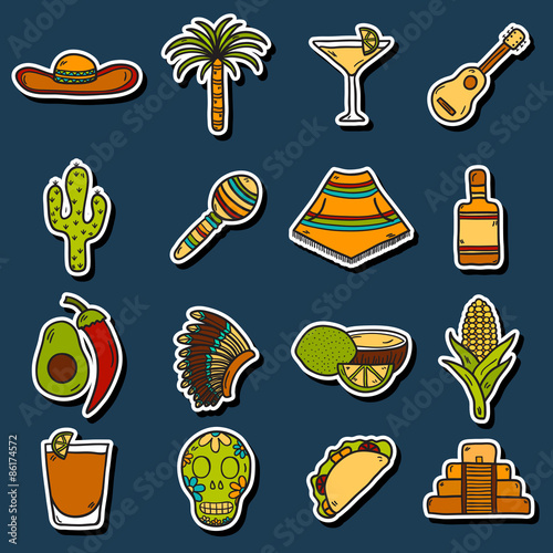 Set of cute hand drawn stickers on Mexico theme: sombrero