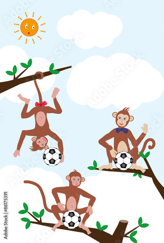 Fototapeta Naklejka Na Ścianę i Meble -  猿とサッカーボールの可愛いグリーティングカード