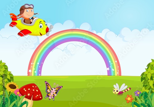 Little Boy Operating a Plane with rainbow
