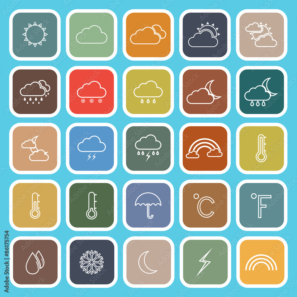 Weather line flat icons on blue background
