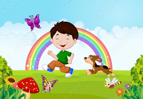 Illustration of a boy running with his pet