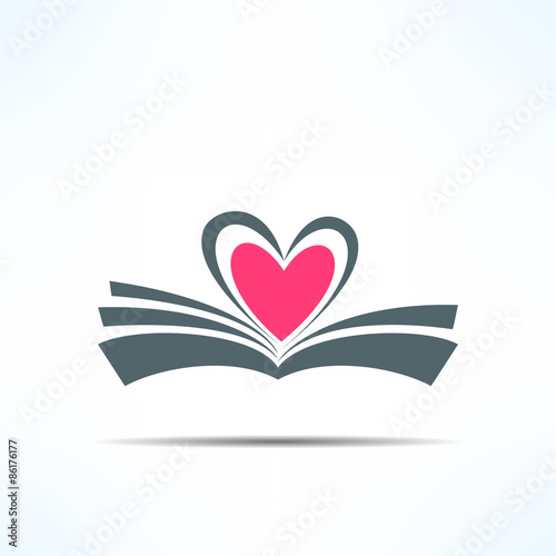 Vector book icon with heart made of pages. Love reading concept