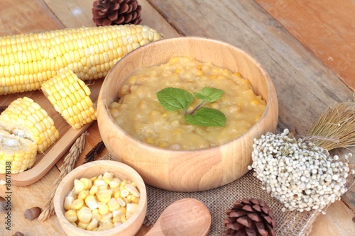 Corn soup of condensed in a wooden bowl