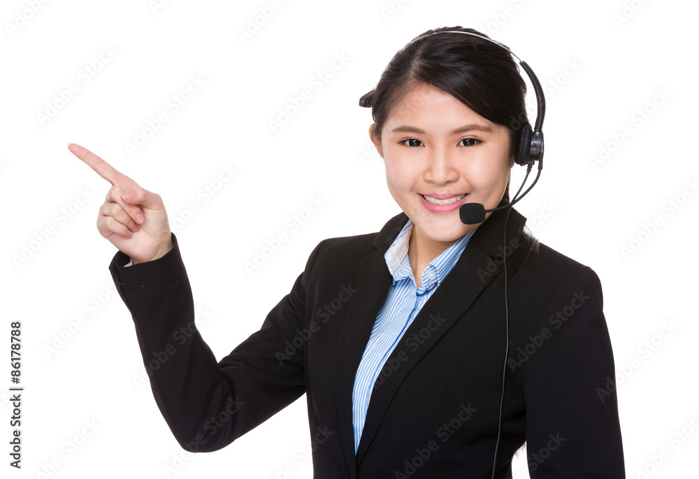 Call center agent and finger point up Call center agent and finger point up
