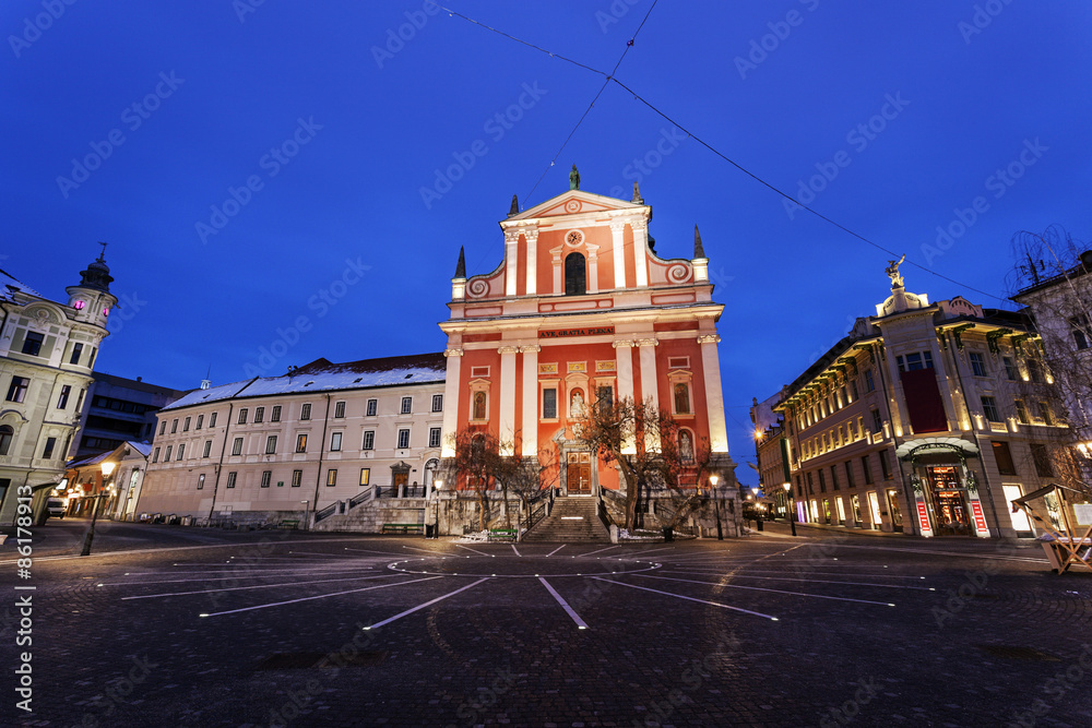 Franciscan Church and Prešeren Square. Ljubljana, Slovenia
