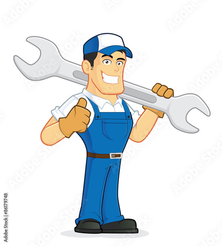 Mechanic or plumber holding a huge wrench