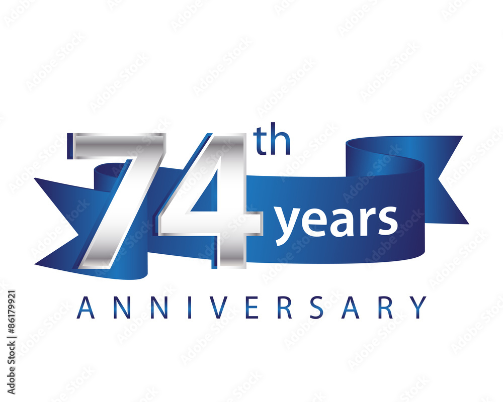 74 Years Anniversary Logo Blue Ribbon