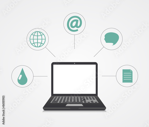 Vector digital marketing. Laptop with sample icons