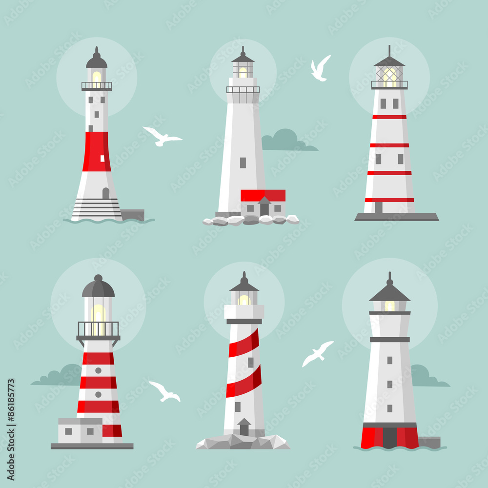 Vector set of cartoon flat lighthouses 