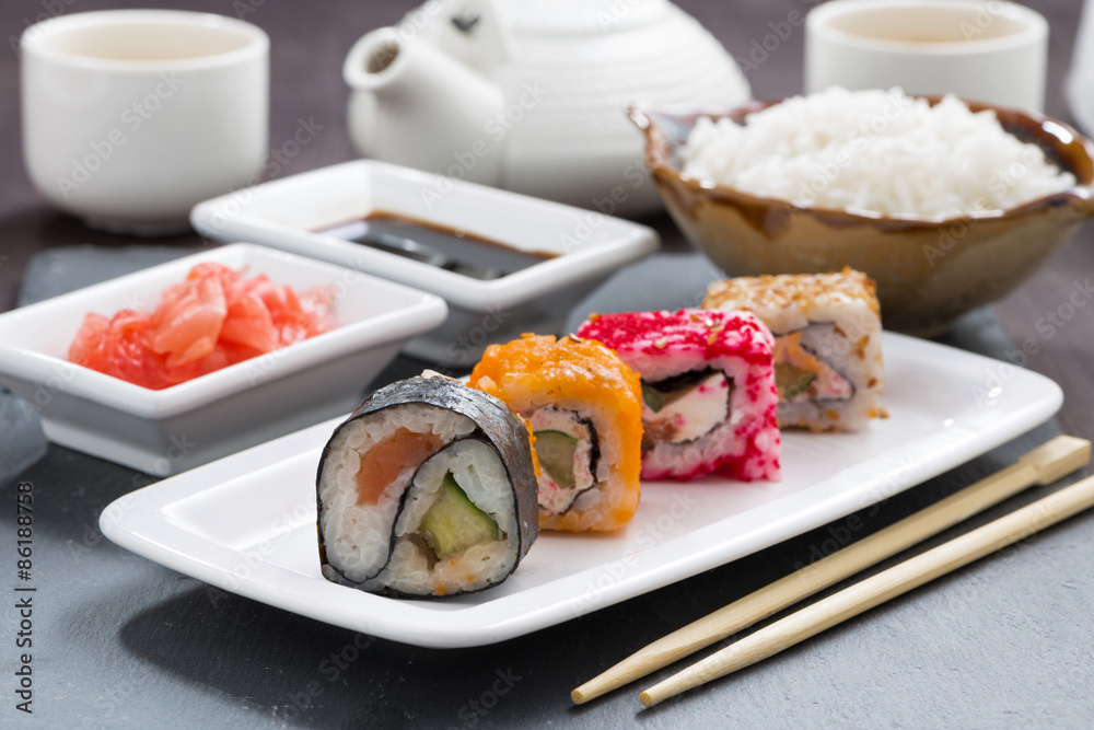 Japanese meal - sushi and rolls, close-up