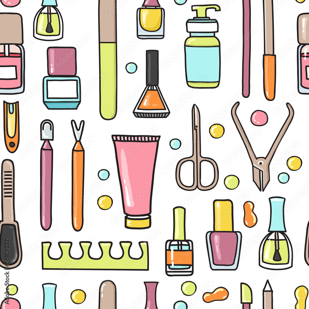 Vector seamless pattern of manicure and pedicure doodle equipmen Vector seamless pattern of manicure and pedicure doodle equipmen
