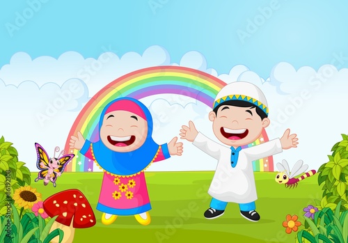 Happy muslim kid waving hand with rainbow