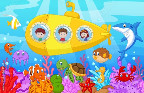 Happy kids in submarine on the sea