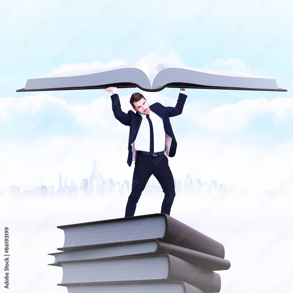 Businessman in suit lifting up something heavy Businessman in suit lifting up something heavy