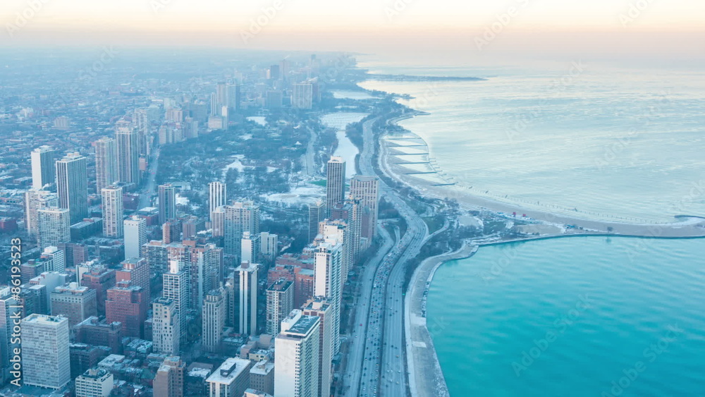 Aerial view time lapse video of the north shore of Chicago