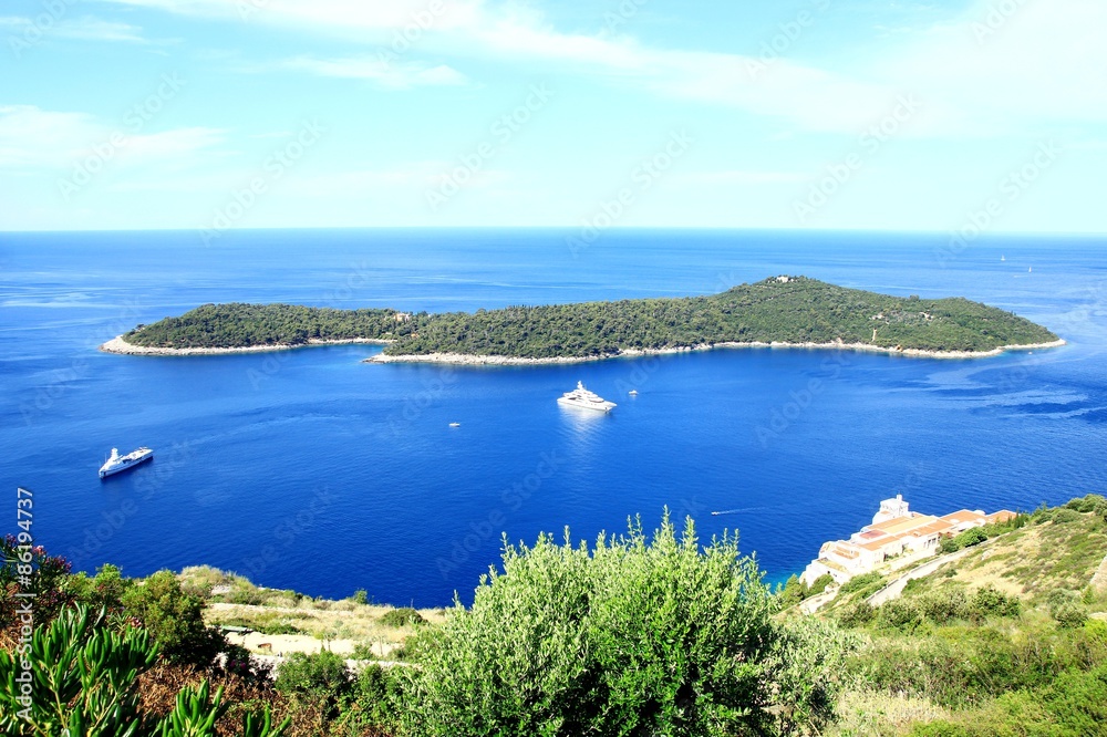 Island Lastovo and Adriatic sea with anchored yachts near Dubrovnik town in Croatia