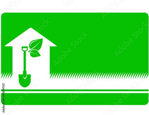 green landscaping business card with shovel, leaf and house icon