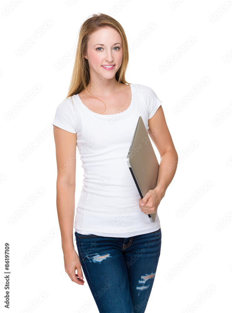 Young woman hold with notebook computer Young woman hold with notebook computer