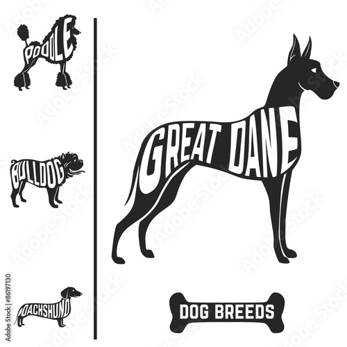 Isolated dog breed silhouettes set with names of breeds inside