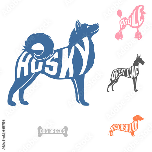 Isolated dog breed silhouettes set with names of breeds inside