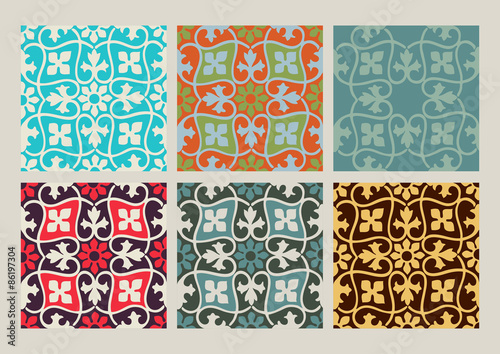 Colorful set of seamless floral patterns vintage backgrounds collection vector