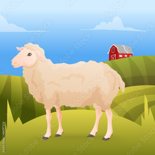 Realisic cute sheep standing on the gras with farm background