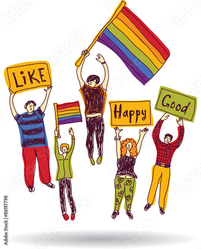 Rainbow meeting group happy people praid with flags
Isolated set of praid colors people in meeting. White background. Color  illustration. photo