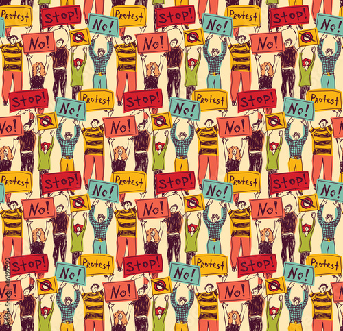  Protest demonstration group people seamless pattern color. Crowd of protest people. Color seamless pattern.