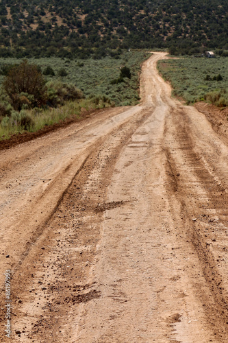 Rutted rural New Mexican dirt road surrounded by shrub brush 