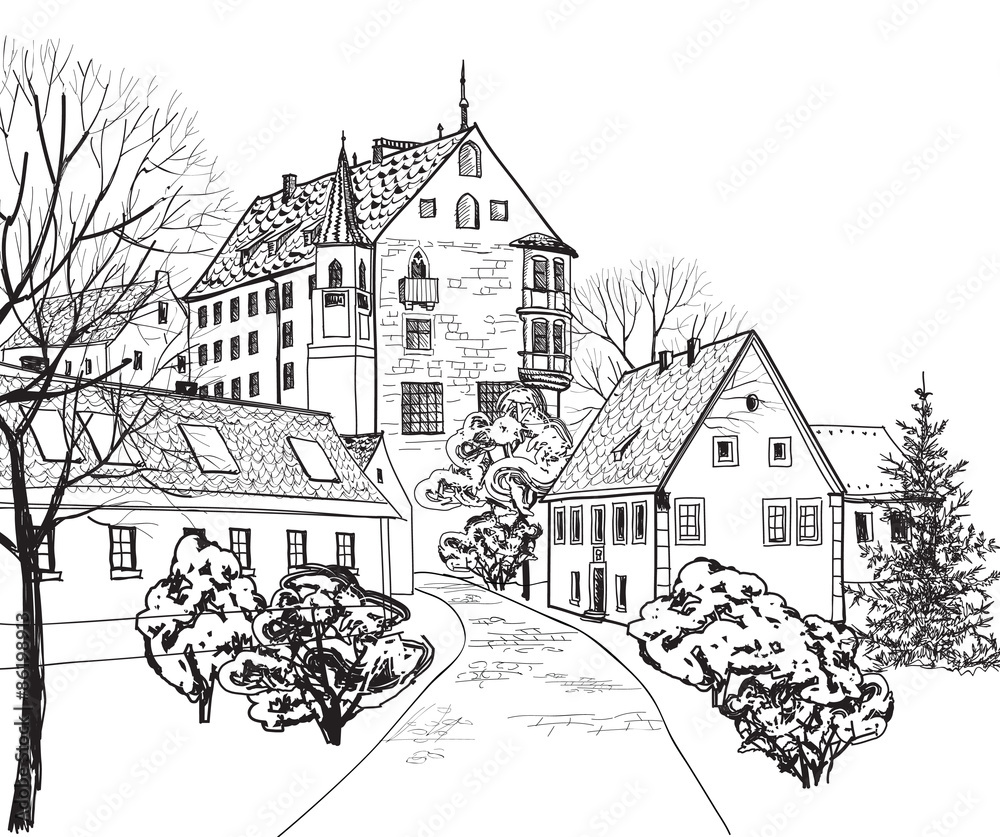 Old city street view. Medieval european castle landscape. Pencil drawn vector sketch