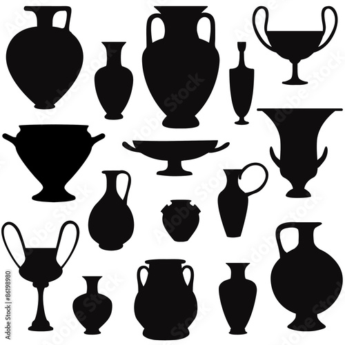 Vase set. Pot Pottery Vases greek Home Interior Greece Decoration. Vector icon collection.