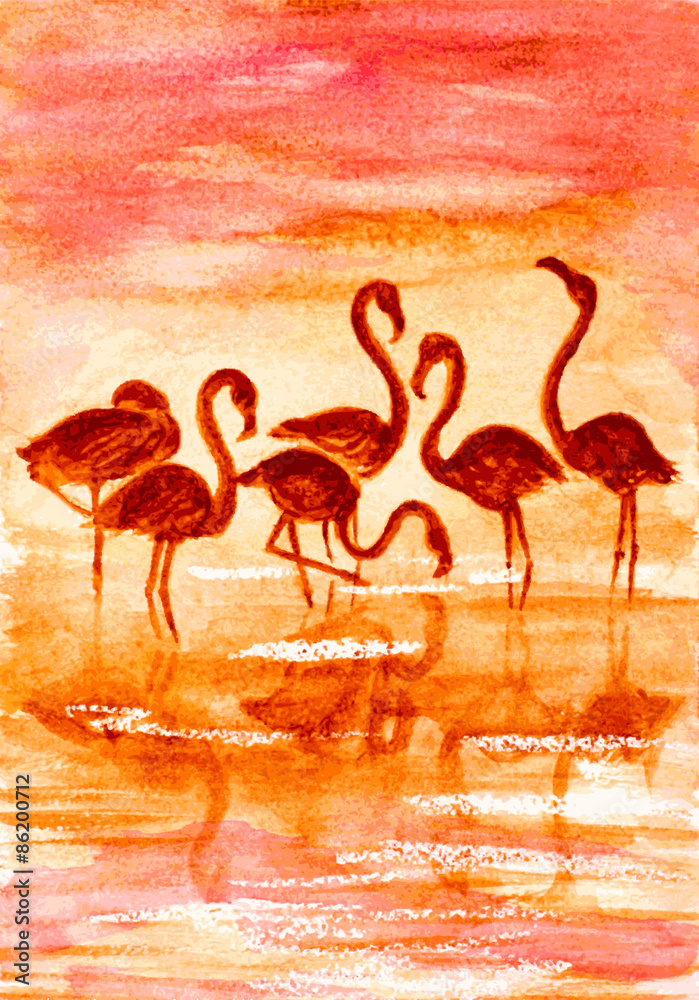 Naklejka premium flamingo in sunset, watercolor vector illustration