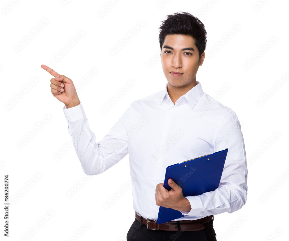 Businessman hodl with clipboard and finger point up Businessman hodl with clipboard and finger point up