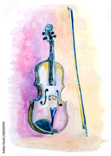 watercolor hand drawn violin and a bow. vector illustration