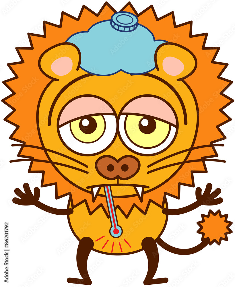 Cute lion with an ice pack and a thermometer feeling sad and sick