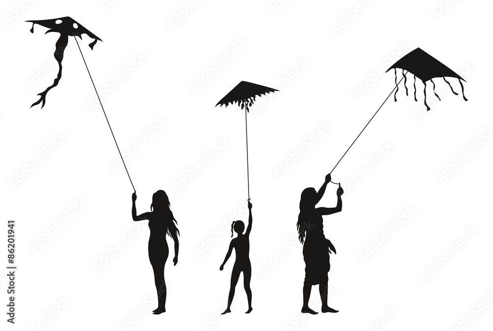 Obraz premium People with Flying Kites, Silhouettes