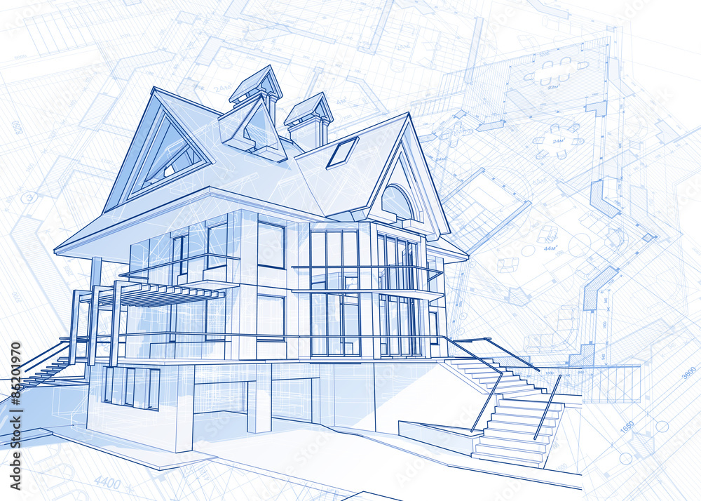 architecture blueprint - house draw & plans / vector illustration
 - obrazy, fototapety, plakaty 