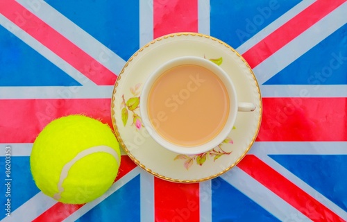 British Tennis - A cup of tea with a tennis ball on a union jack flag