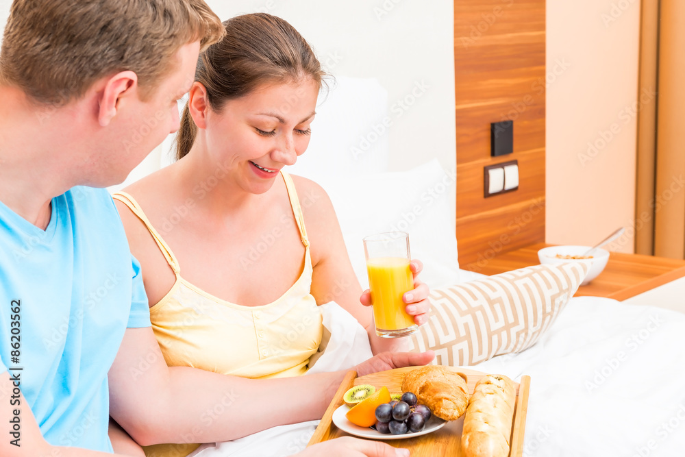 healthy and delicious breakfast in bed together