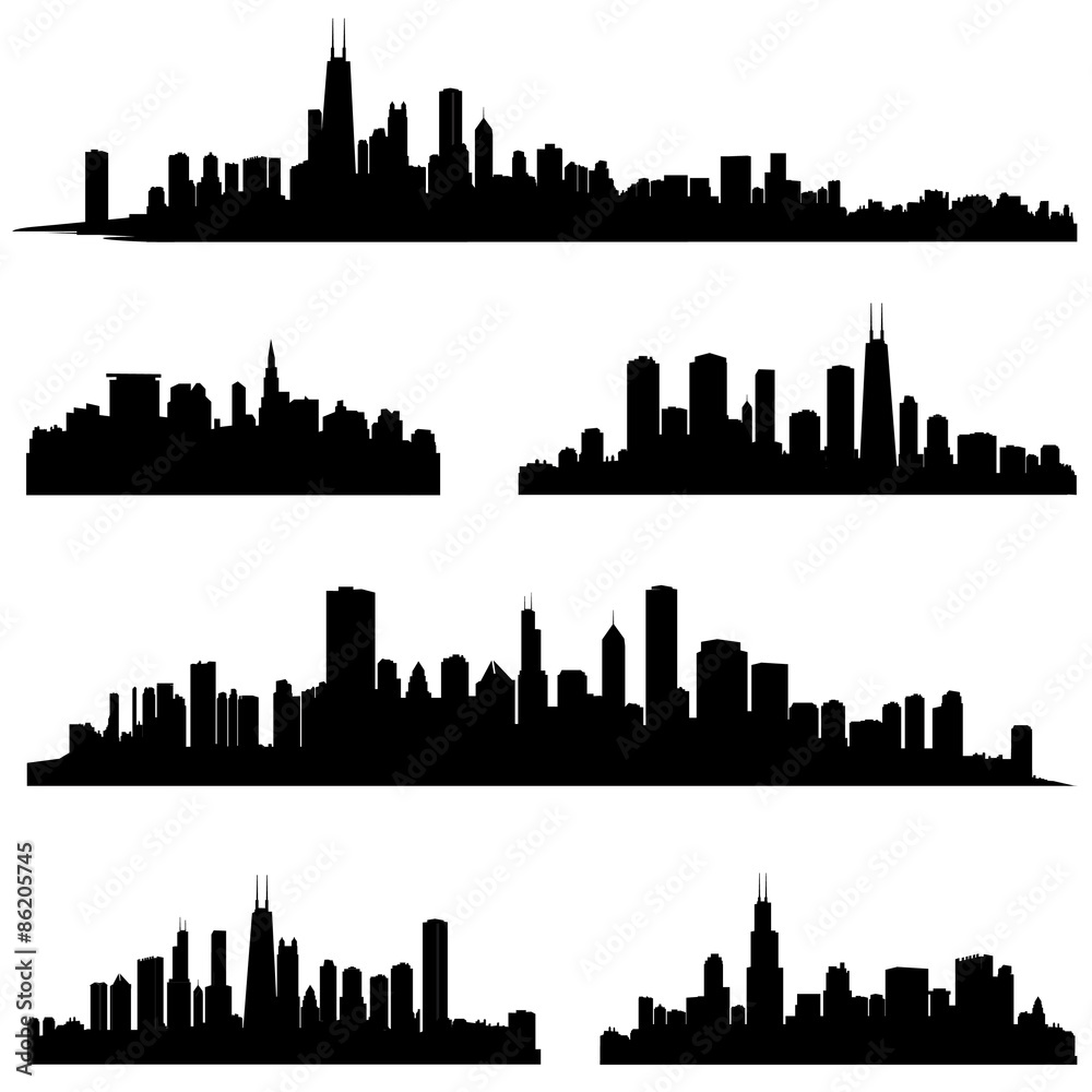 City silhouette vector set. Panorama city background. Skyline urban border collection. 