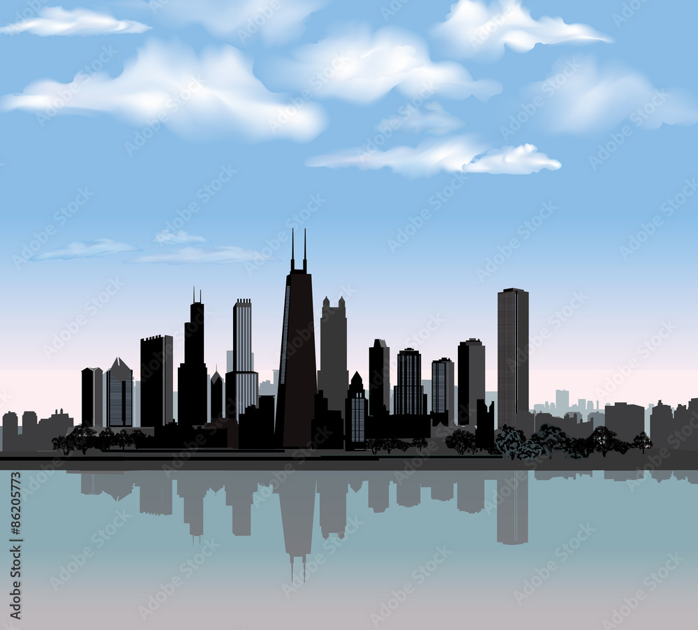 Chicago city skyline detailed silhouette with reflection in water. Illinois Vector illustration