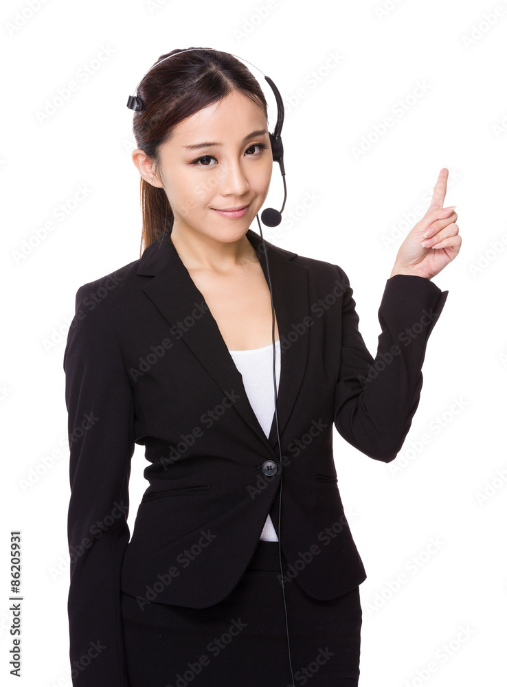 Customer services officer with finger point up Customer services officer with finger point up