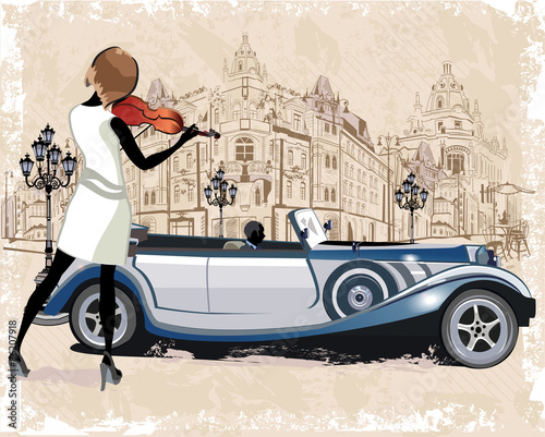 Vintage background with a retro car and musicians, old town views.