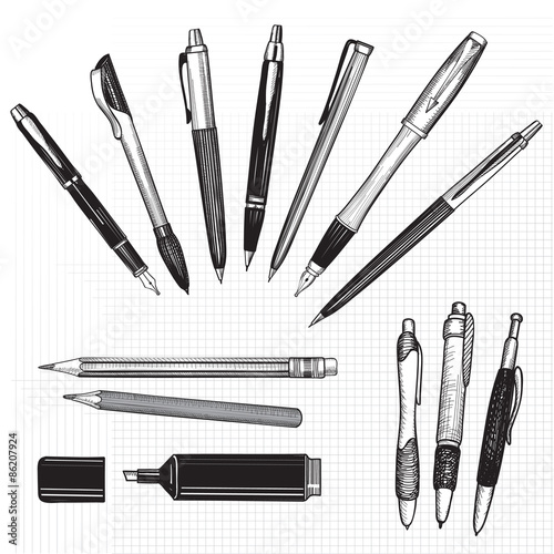Pen set. Hand drawn vector. Pencils, pens and marker collection isolated on white photo